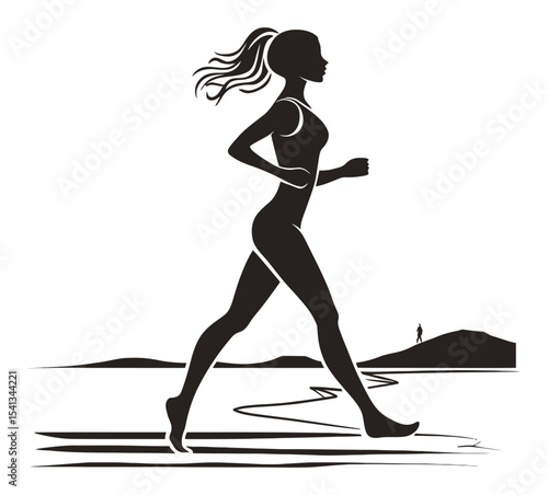 Abstract Silhouette of a Woman Running on a Scenic Footpath Illustration