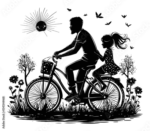 Silhouette of a Father Riding Bicycle with Daughter in Nature Scene