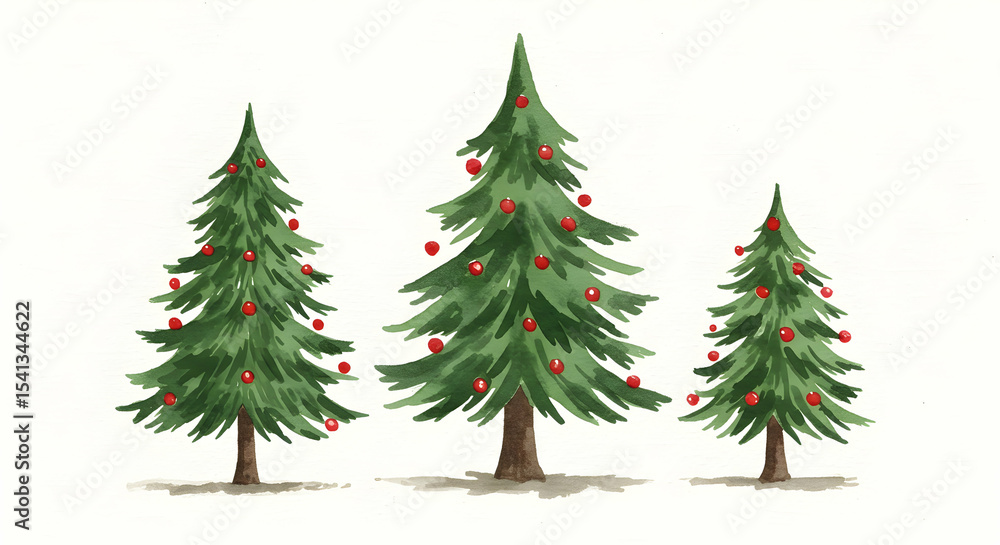 Fototapeta premium Three Watercolor Christmas Trees Festive Holiday Decor Winter Wonderland