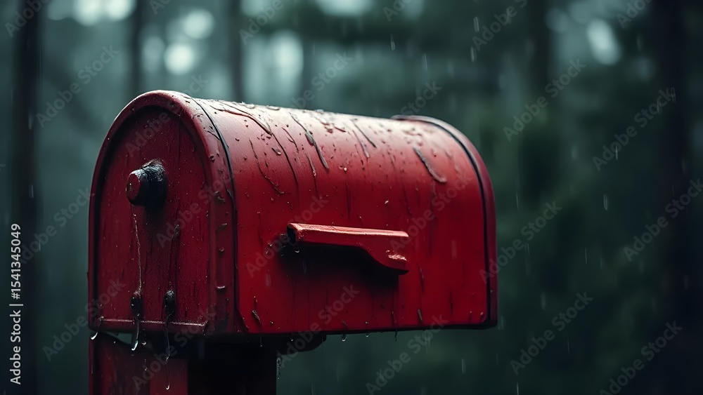 Old Red Mailbox Soaked in Rain with Blurry Forest Background Old Red Mailbox Soaked in Rain with Blurry Forest Background