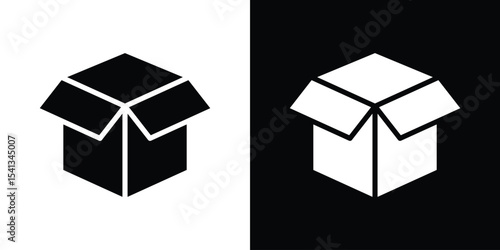 Open box icon in flat black solid vector set