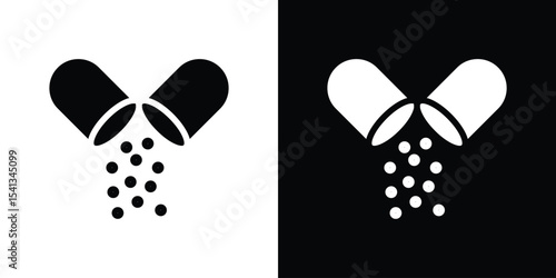 Open Capsule Pill icon in flat black solid vector set
