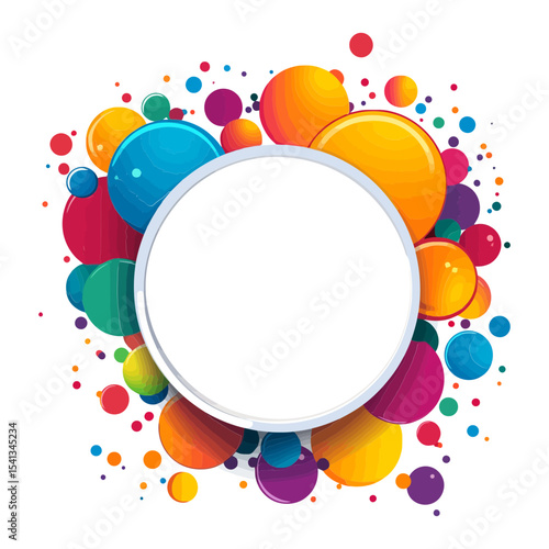 Mockup of blank white colorful round frame made of shiny spheres and dots is perfect for websites and blogs about holidays, parties, promotions and celebrations.