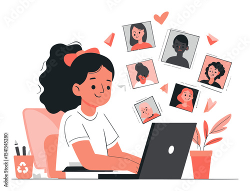 Young Girl Engaged in Digital Art Creation with Photos and Hearts Around Her