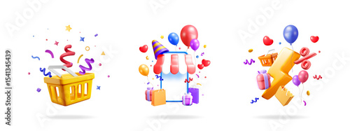 Shopping cart with confetti, online store with party hat, lightning with percent sign. Marketing promotion set.