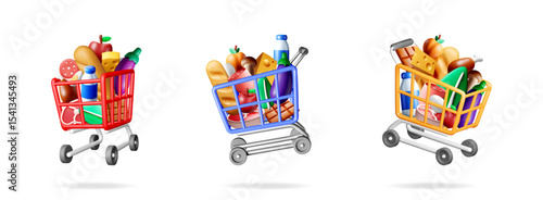 Set of three full shopping cart with grocery items. Food product collection for supermarket concept, online store, and retail.