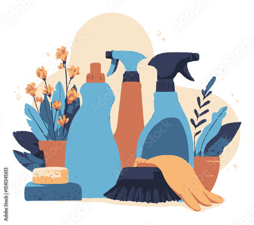 Colorful Cartoon Cleaning Supplies with Plants and Tools for Home Care