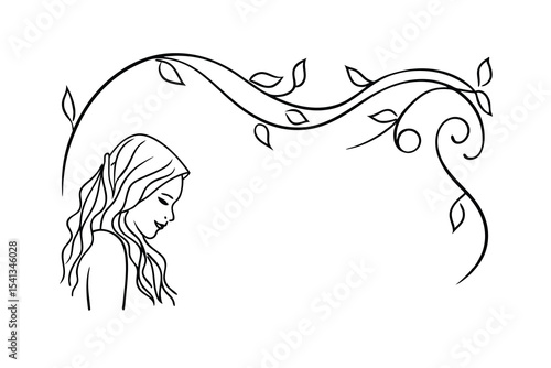 Elegant line drawing of a woman with long flowing hair and floral vines.