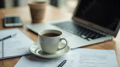 Coffee cup on table next to laptop and documents in workspace  