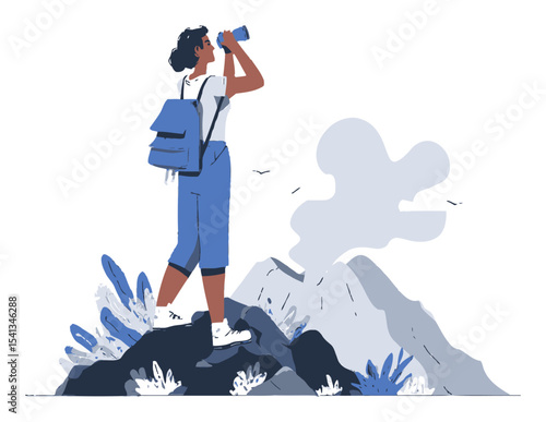 Cartoon Style Illustration of a Woman Hiking and Exploring Nature Outdoors