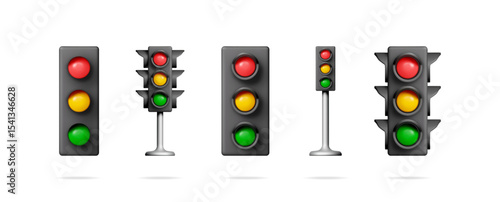 Stock vector collection set of 3d rendering traffic light signs. Red, yellow, green road light for transport or street control.