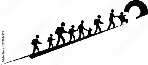 Action of Refugees Seeking Safety, Vector Illustration of Journey, Urban Environment, Hopeful Viewpoint