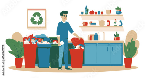 Man Sorting Waste in a Modern Kitchen with Recycle Bins and Plants