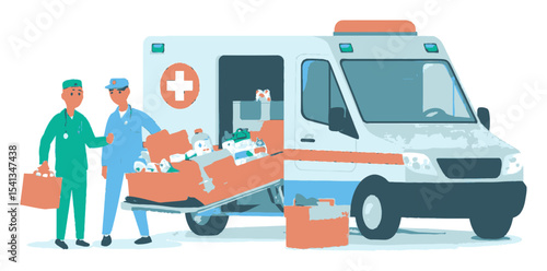 Cartoon Style Ambulance with Medical Crew and Supplies in Vector Format