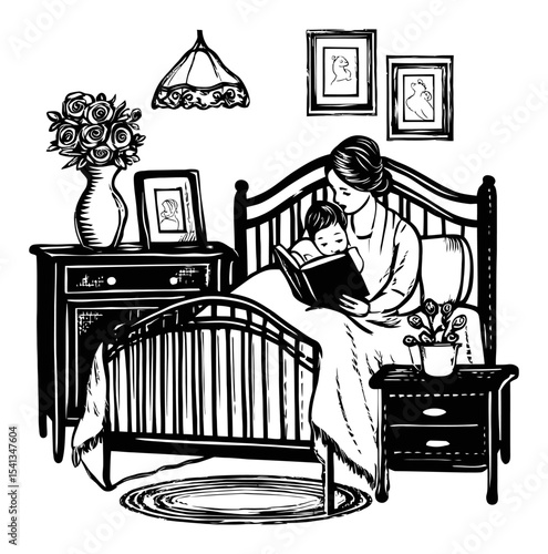 Vintage Line Art of a Mother Reading to a Child in a Cozy Bedroom