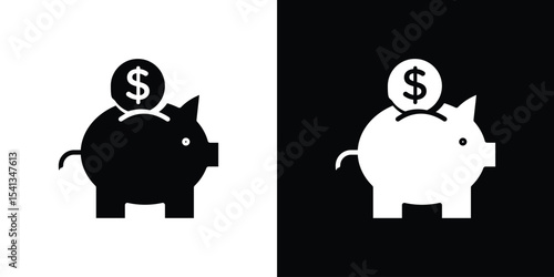 Piggy bank icon in flat black solid vector set