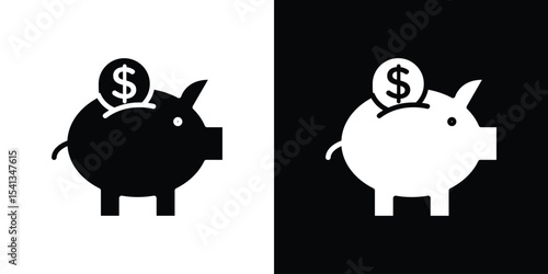 Piggy bank icon in flat black solid vector set