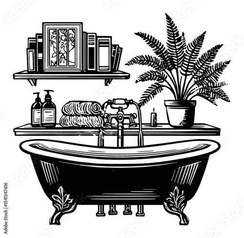 Vintage Bathtub Scene with Greenery and Shelves for Cozy Bathroom Decor