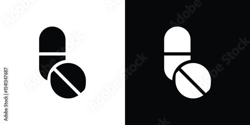 Pills icon in flat black solid vector set