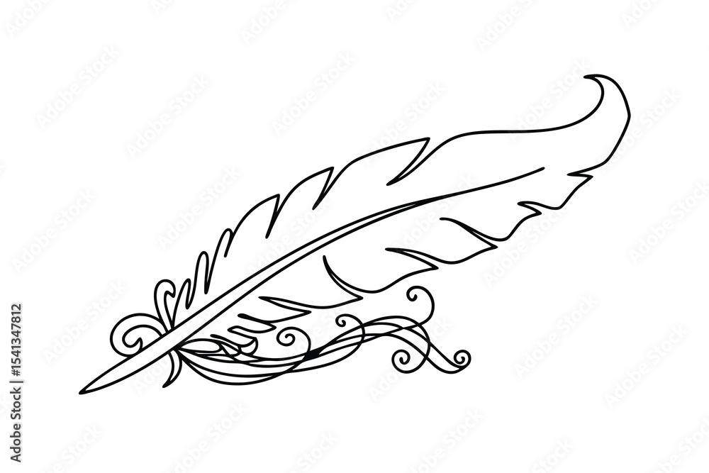 Obraz premium Elegant decorative feather illustration in a simple black outline design on a white background
