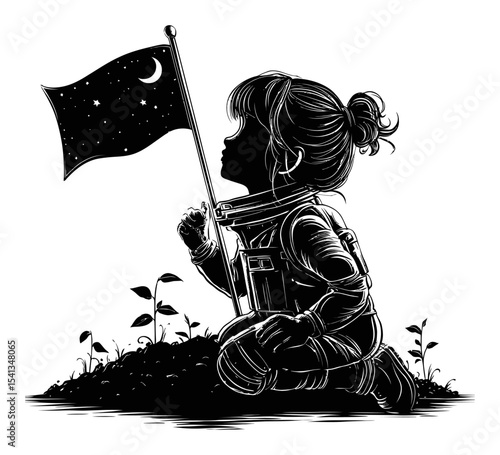 Child Astronaut Planting Flag in Cosmic Garden with Stars and Moon