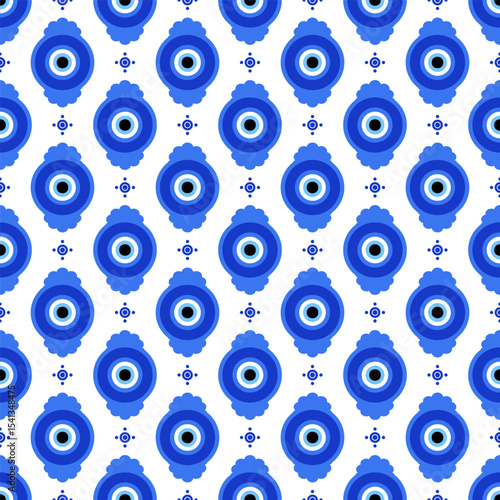 Evil eye seamless pattern. Traditional Greek and Turkish blue bead. Vector magic background with ethnic nazar - symbol of protection and luck. Ornament with energy amulet and spiritual talisman