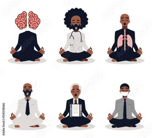 Cartoon Vector Illustration of Diverse Individuals Meditating and Relaxing