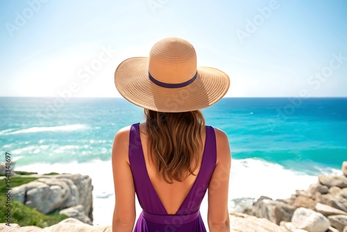 Woman in purple dress and straw hat at ocean view