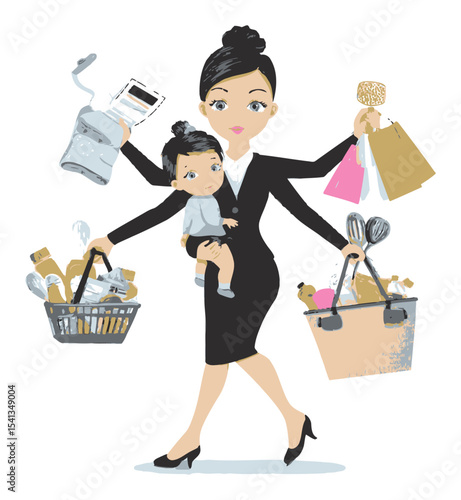 Busy Mother Juggling Shopping, Chores, and Parenting Duties in Cartoon Style