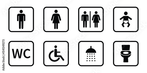 Washroom signs. Restroom or toilet door sign set containing gents, ladies, disabled, baby changing. Printable sticker. Transparent vector illustration.