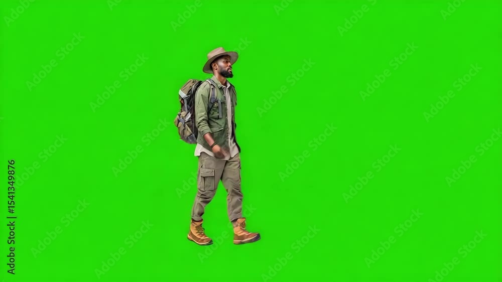 Adventurous hiker with backpack confidently walking against green screen background. Perfect for compositing! Adventurous hiker with backpack confidently walking against green screen background. Perfect for compositing!