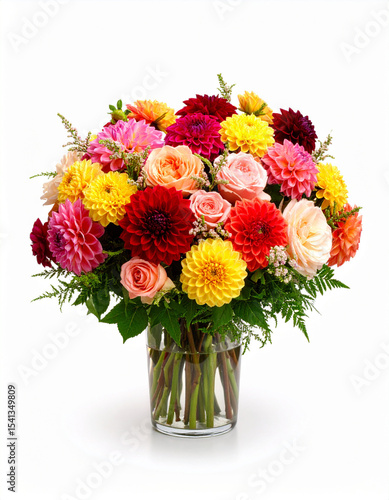 ramo de rosas, peonías y dalias de diferentes colores en florero de cristal sobre fondo blanco