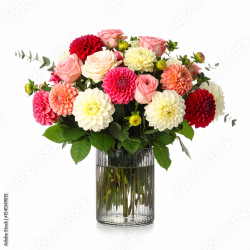 ramo de rosas, peonías y dalias de colores contrastados en florero de cristal sobre fondo blanco