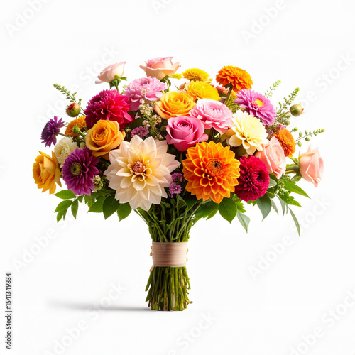 ramo de rosas, peonías y dalias de colores en vaso de cristal sobre fondo blanco