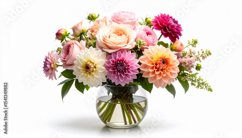 Wallpaper Mural ramo de rosas, peonías y dalias en un vaso de cristal sobre fondo blanco Torontodigital.ca