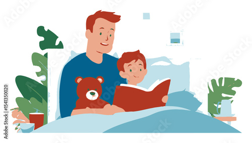 Father and Son Enjoying Story Time in Cozy Bedroom with Plants and Soft Toy