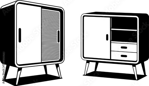 High-contrast black and white silhouette of retro sideboard cabinet with sliding doors, sleek furniture mascot design, perfect for home and vintage decor