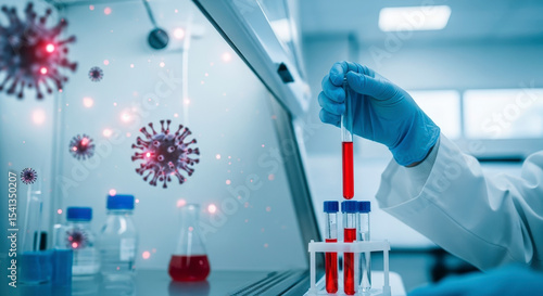 Scientist Holding Test Tube In Laboratory With Viruses Flying Around Showing Disease And Medical Research