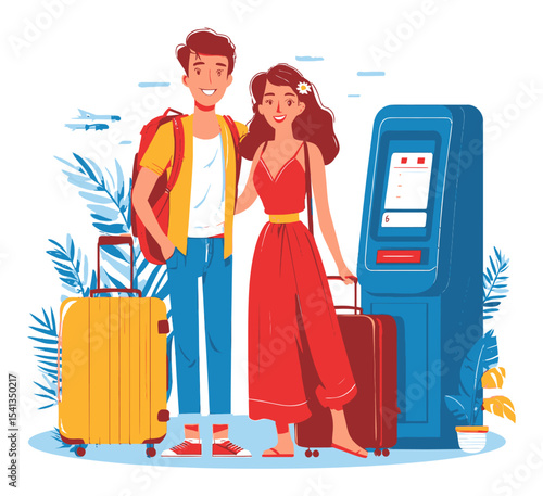 Young Couple at Self-Service Kiosk with Luggage Ready for Vacation Travel