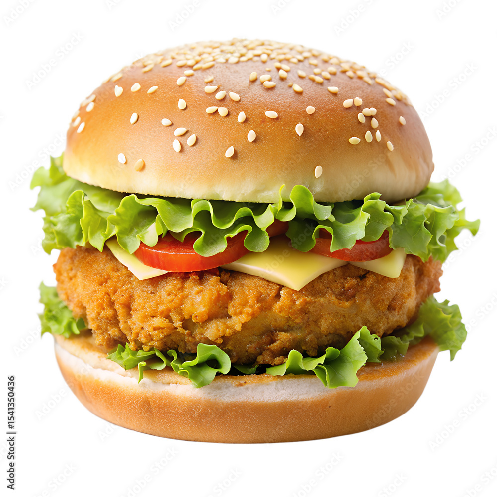 Crispy chicken burger with lettuce isolated on transparent background Crispy chicken burger with lettuce isolated on transparent background