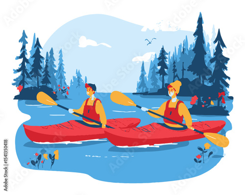 Kayaking Adventure in Scenic Nature with Two Paddlers on a Lake