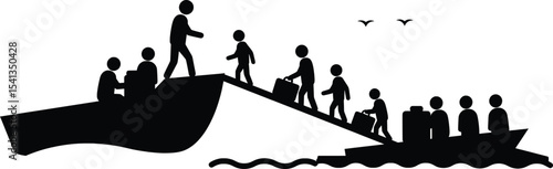 Refugee Exodus, People, Boat, Vector Illustration, Sea, Silhouette, Struggle for Freedom