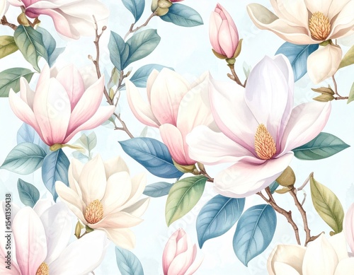 Beautiful seamless watercolor pattern with pink floral blossoms and delicate leaves, perfect for a spring nature-inspired design