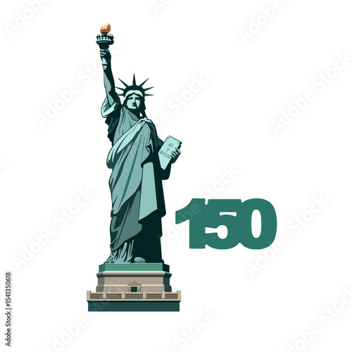 Statue of Liberty monument, poster. 150 years. July 4, USA Independence Day. Green flat design template. Holiday, welcome to America USA. New York symbol, banner, advertisement. Vector illustration 