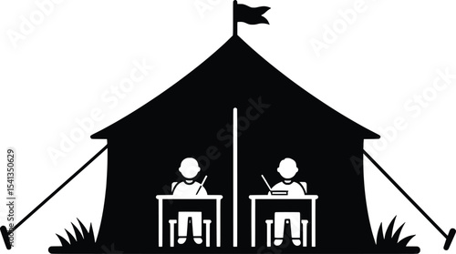 Vector Illustration of Children in a Tent School Setting, Evoking Hope in Crisis