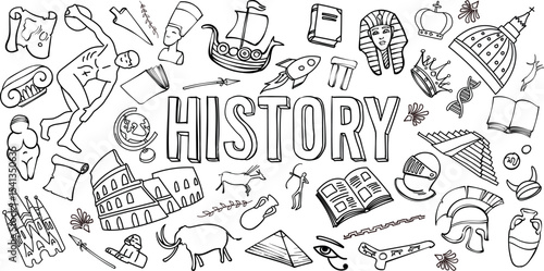 Symbols of history doodle set. Collection of hand drawn Illustration. background Banner
