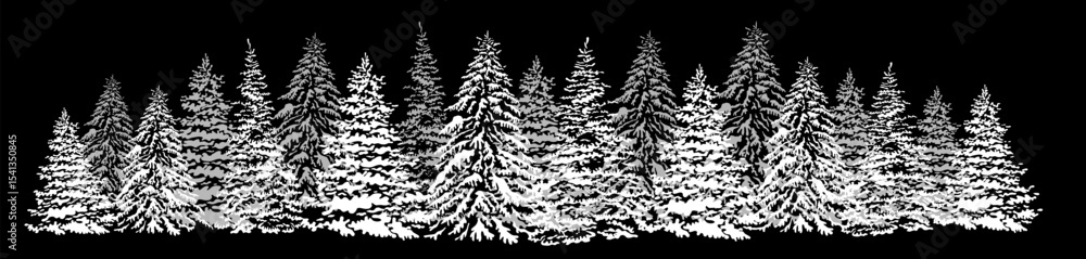 Obraz premium Christmas. Winter horizontal background. Winter Forest background. Christmas trees hand drawing. Not AI. Vector illustration.