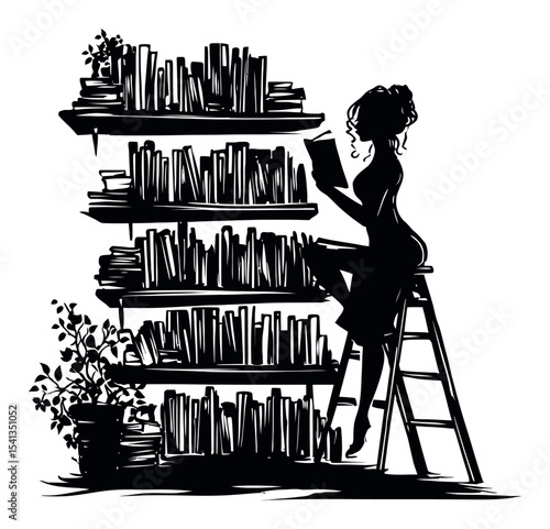 Elegant Silhouette of Woman Drawing Inspiration from Bookshelves in Black and White
