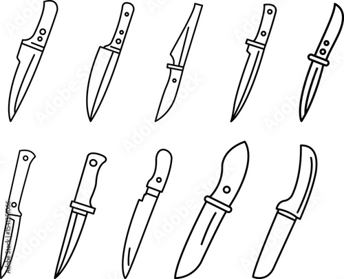 Set of Hand-Drawn Knife Illustrations with Multiple Designs and Blade Shapes.