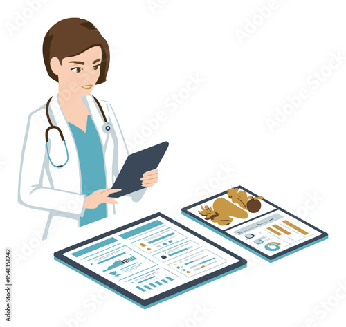 Female Doctor Using Tablet with Medical Reports and Data Analysis
